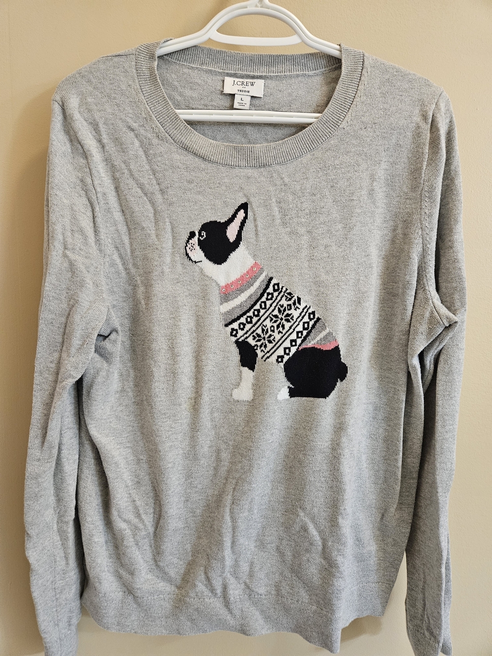 J. Crew Light Gray Sweater with Pink & Black Dog Motif